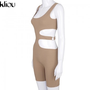 Kilou ribbed knitted solid rompers women sporty streetwear sexy o-neck sleeveless hole hollow out short jumpsuits female outfits